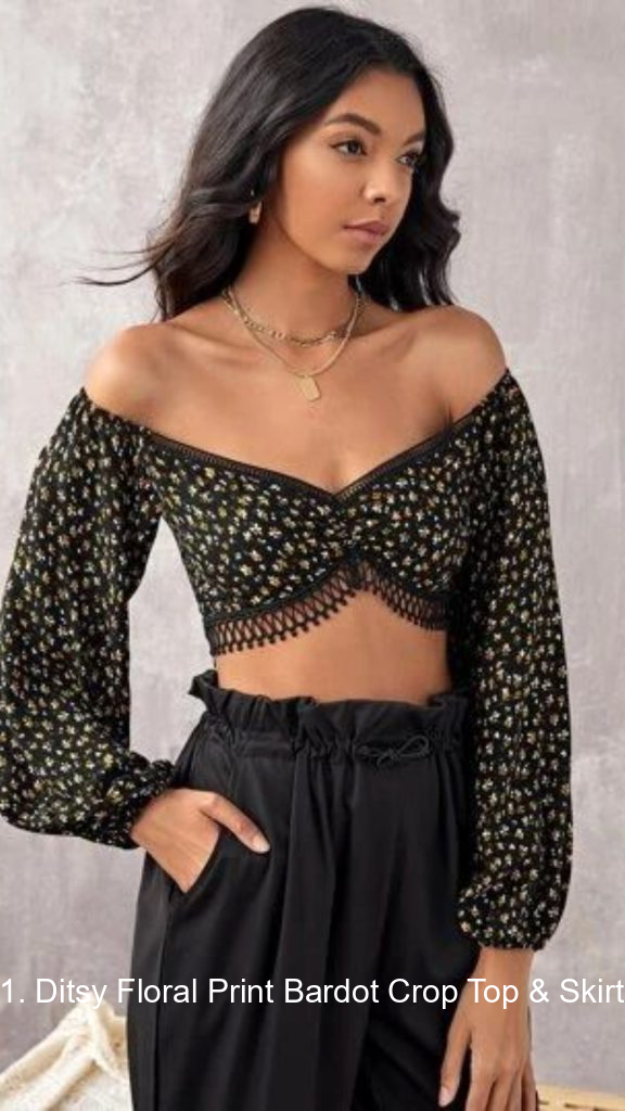 1. Ditsy Floral Print Bardot Crop Top & Skirt