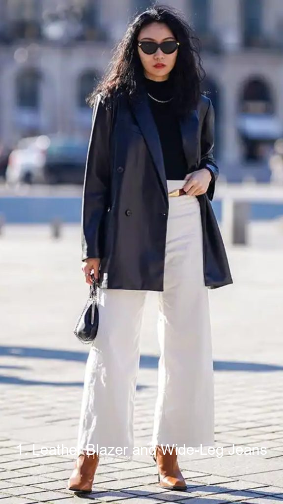 1. Leather Blazer and Wide-Leg Jeans