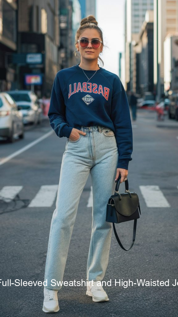 13. Full-Sleeved Sweatshirt and High-Waisted Jeans