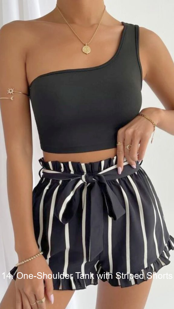 14. One-Shoulder Tank with Striped Shorts