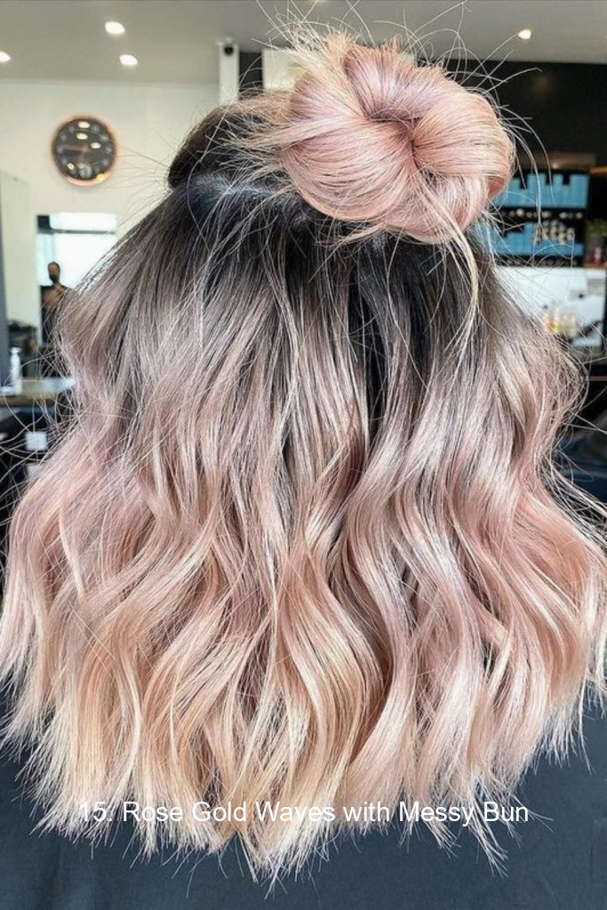 15. Rose Gold Waves with Messy Bun