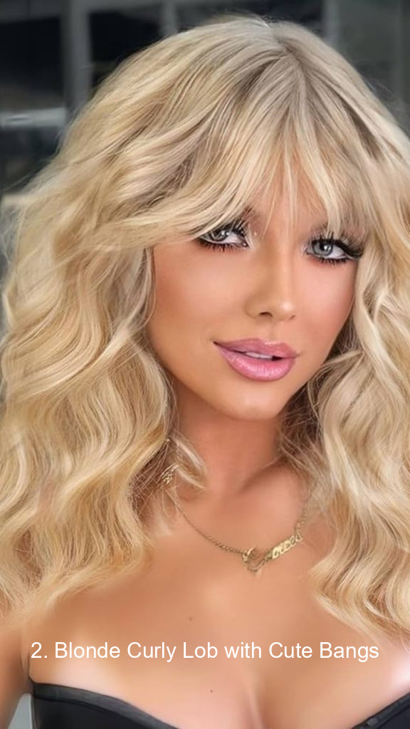 2. Blonde Curly Lob with Cute Bangs