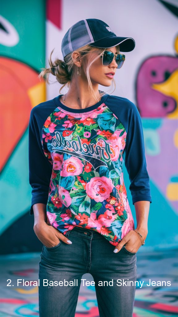 2. Floral Baseball Tee and Skinny Jeans