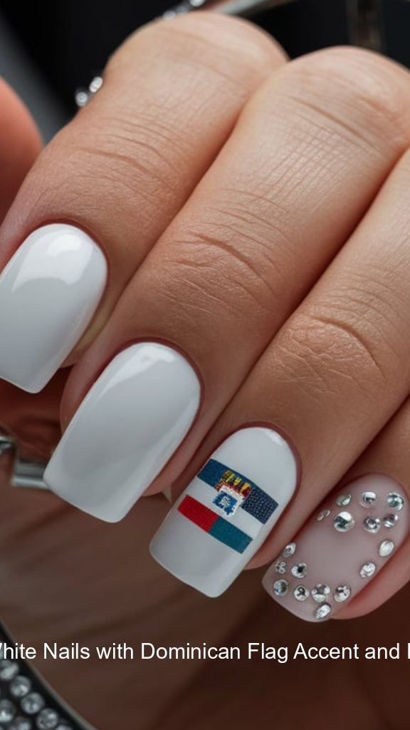 2. Square White Nails with Dominican Flag Accent and Rhinestones