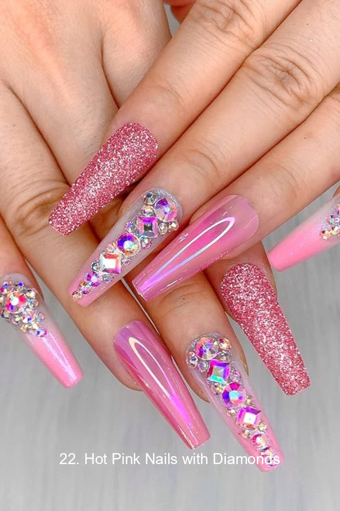 22. Hot Pink Nails with Diamonds