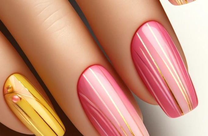 25. Pink and Yellow Nails with Gold Lines