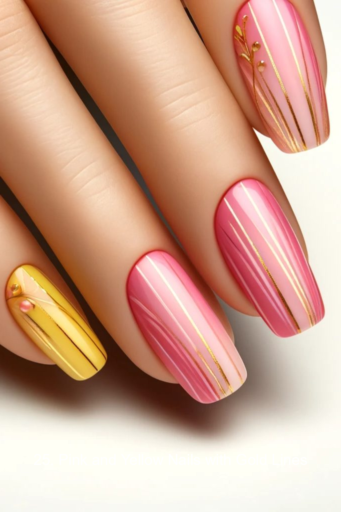 25. Pink and Yellow Nails with Gold Lines