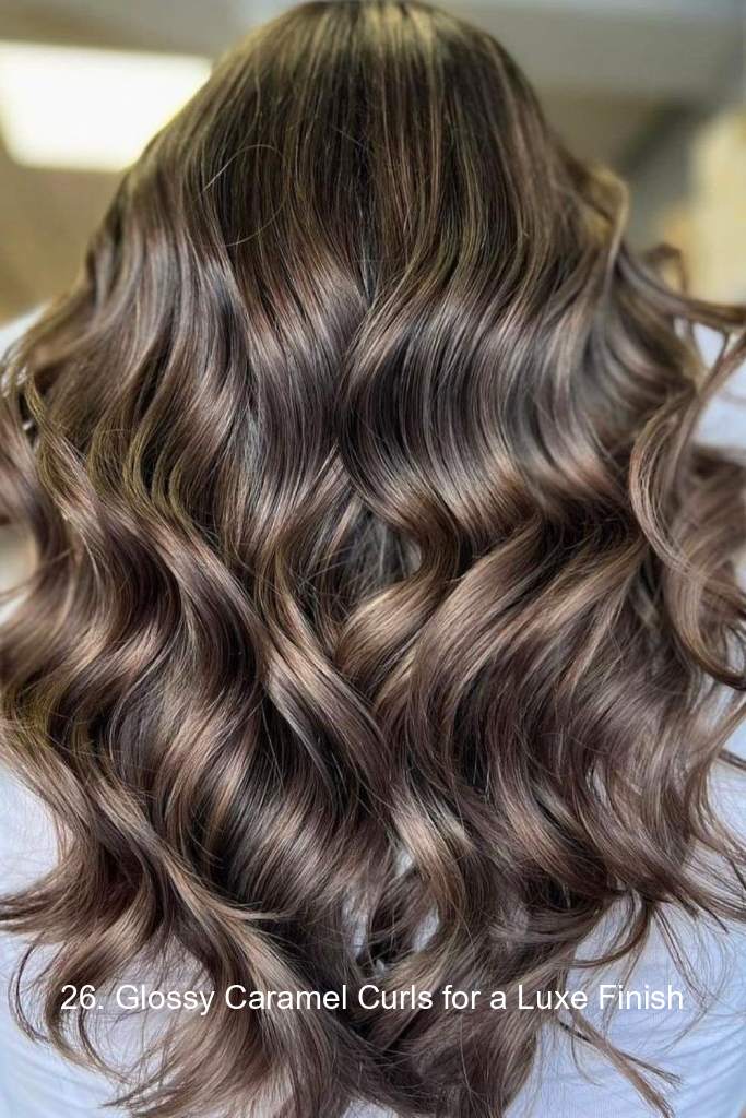 26. Glossy Caramel Curls for a Luxe Finish