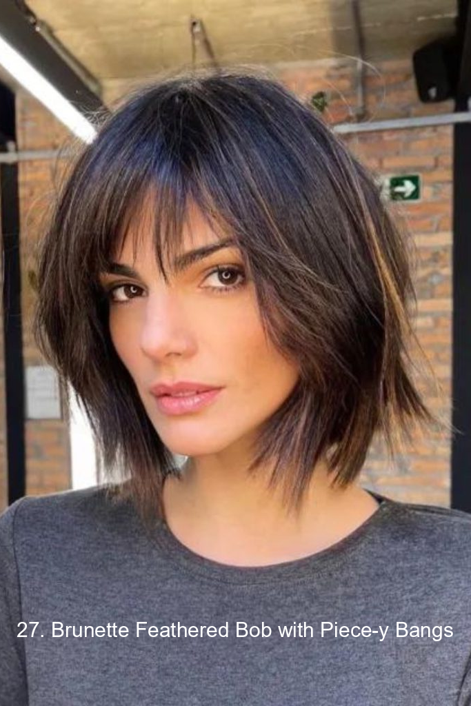 27. Brunette Feathered Bob with Piece-y Bangs