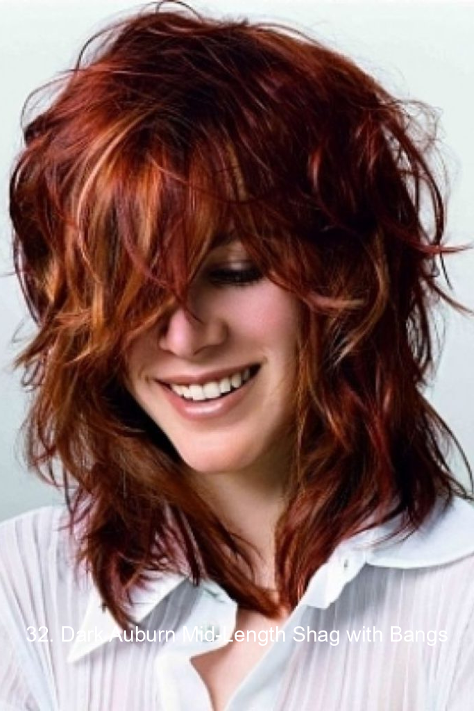 32. Dark Auburn Mid-Length Shag with Bangs