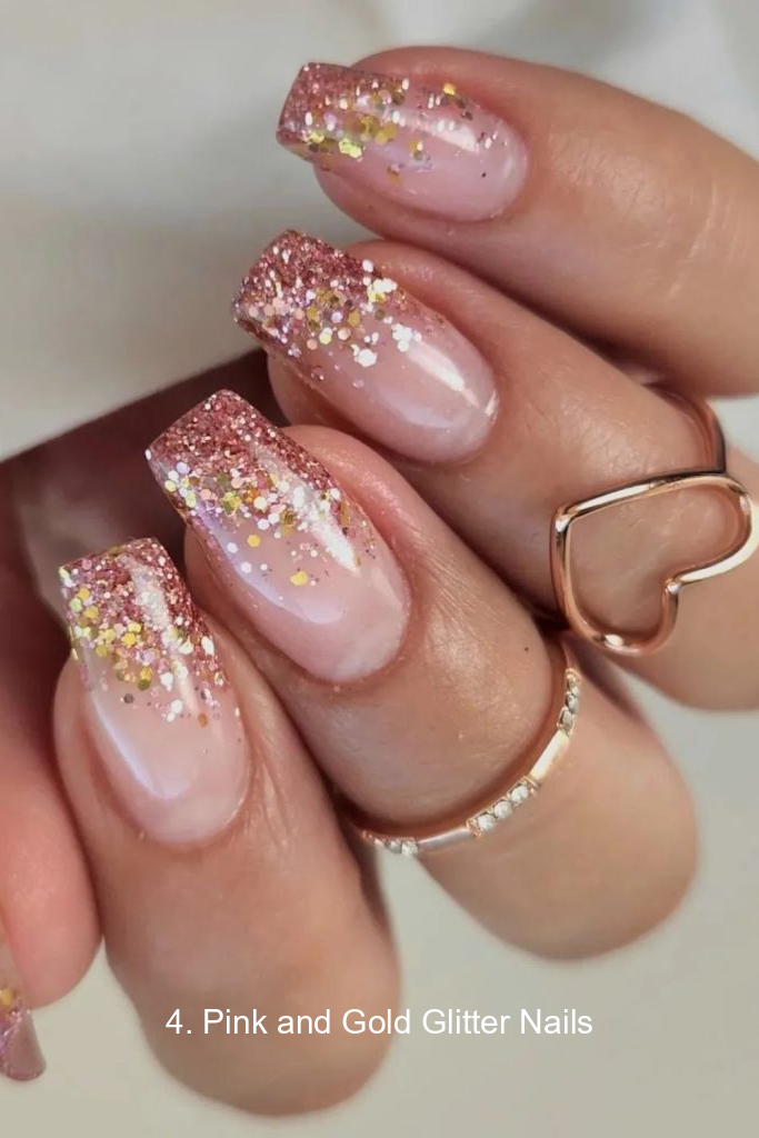 4. Pink and Gold Glitter Nails