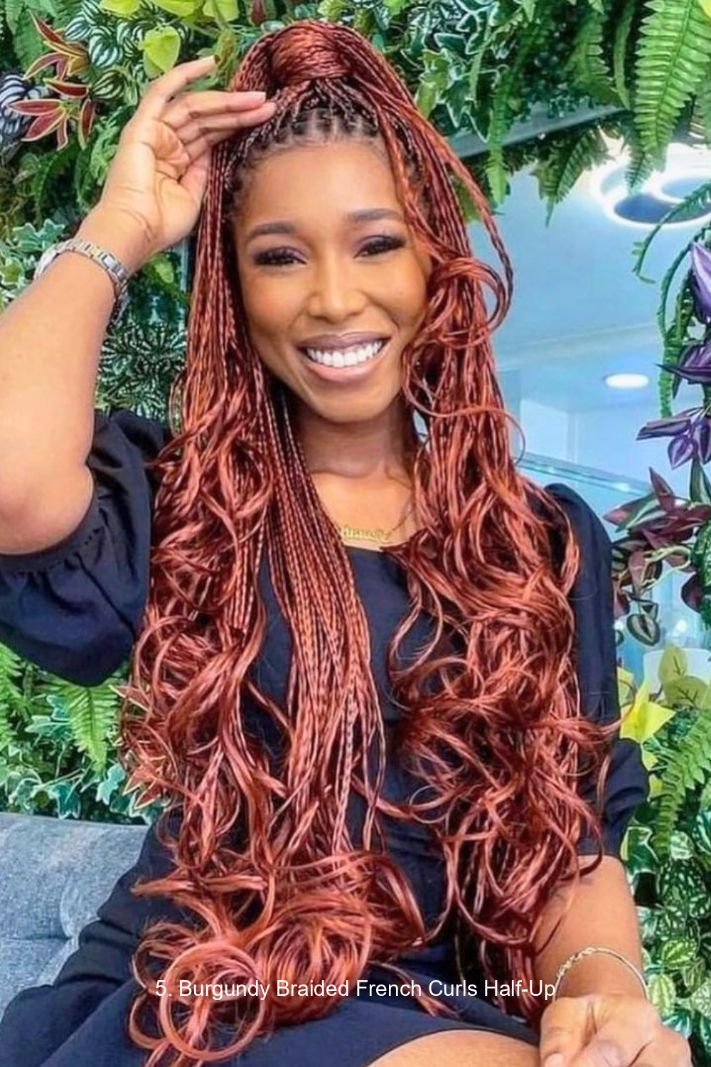 5. Burgundy Braided French Curls Half-Up