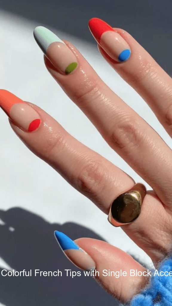 6. Colorful French Tips with Single Block Accent