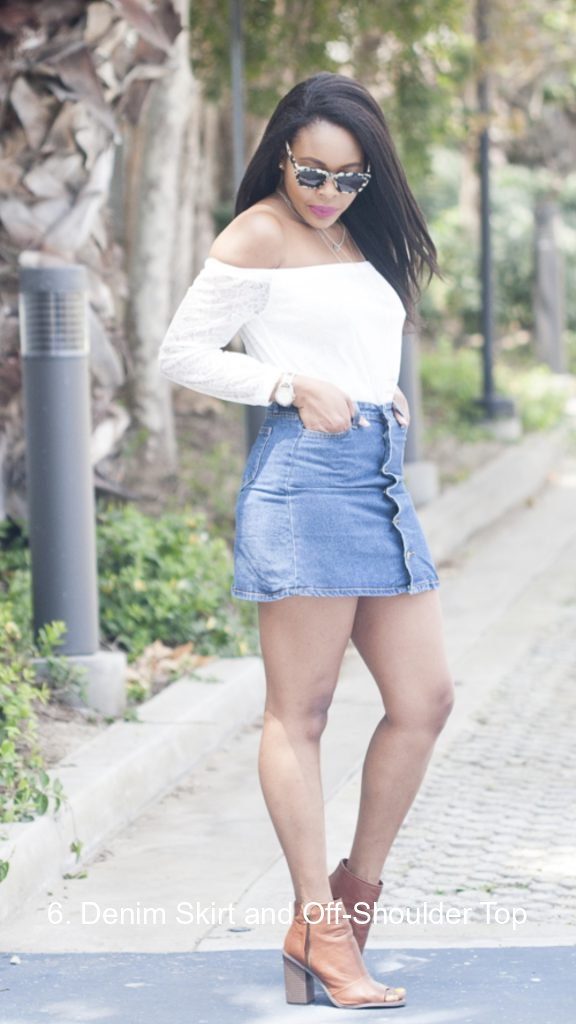 6. Denim Skirt and Off-Shoulder Top