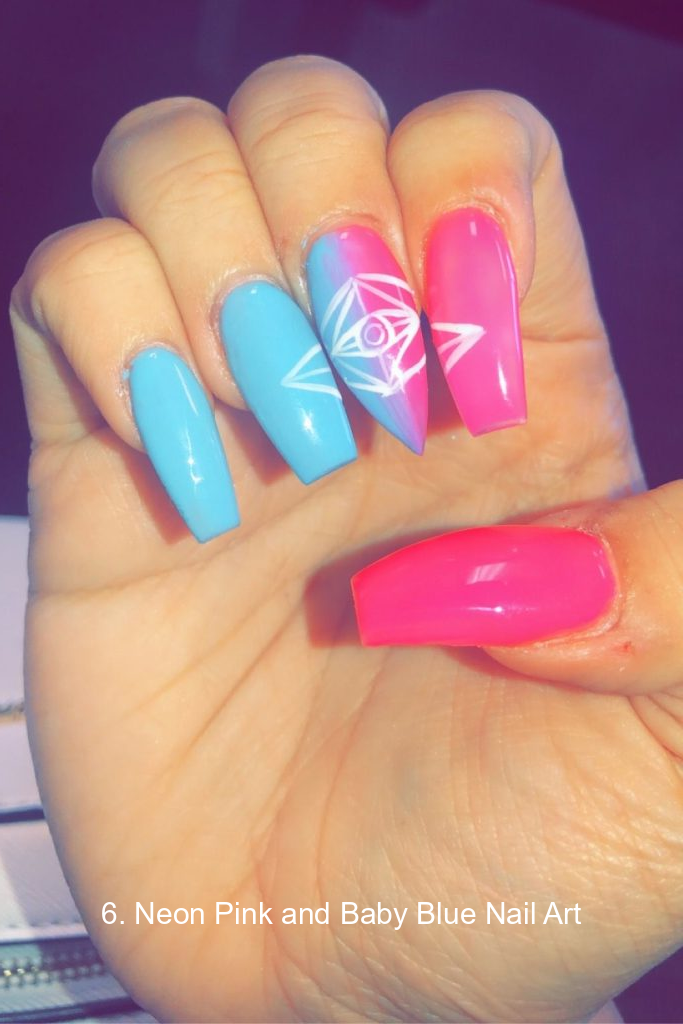 6. Neon Pink and Baby Blue Nail Art