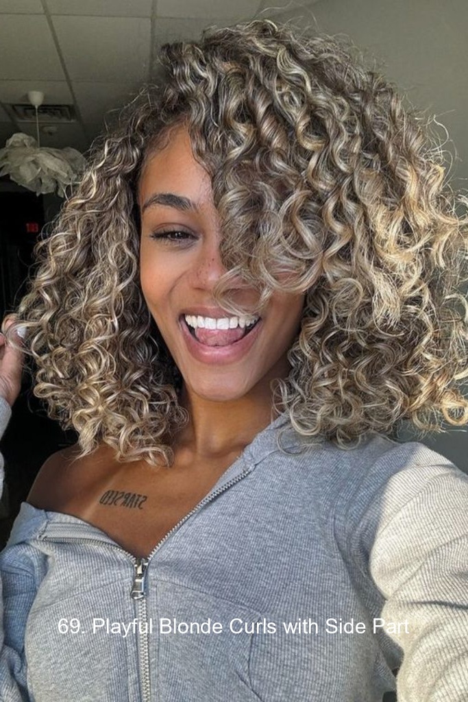 69. Playful Blonde Curls with Side Part