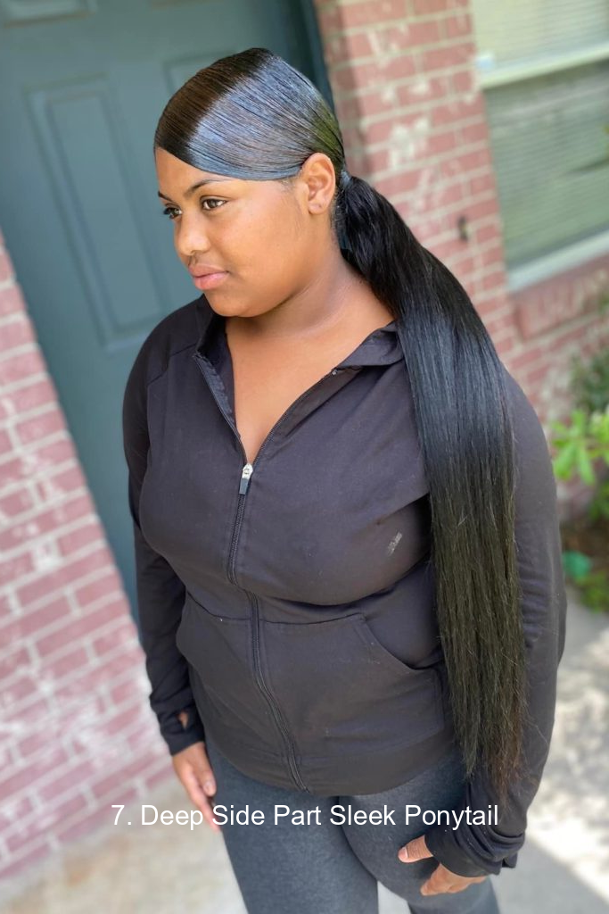 7. Deep Side Part Sleek Ponytail