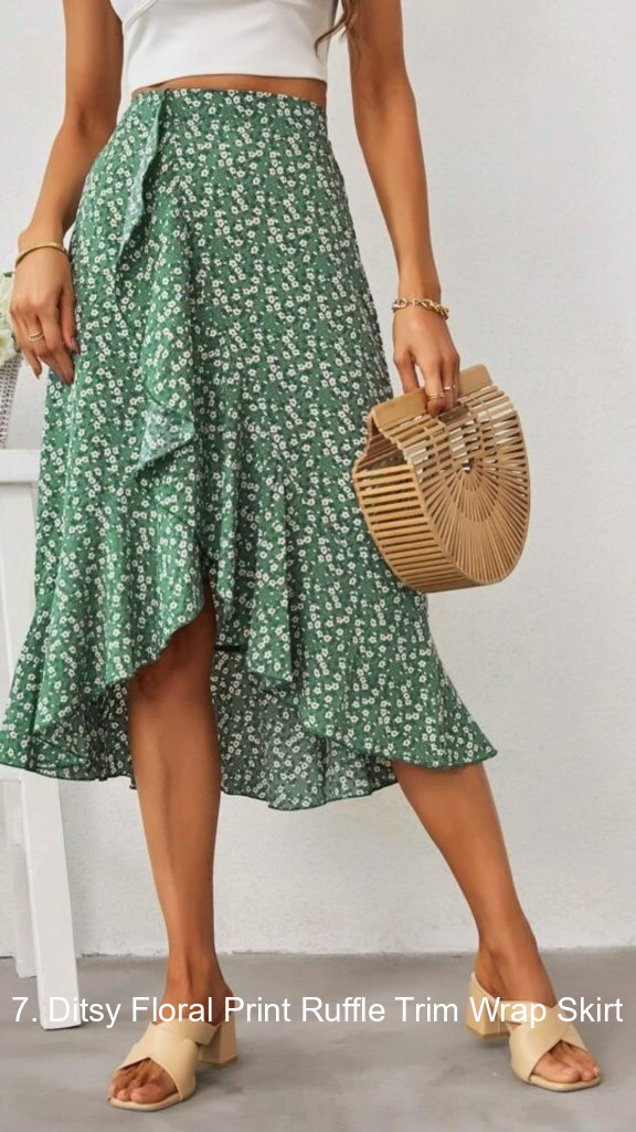 7. Ditsy Floral Print Ruffle Trim Wrap Skirt
