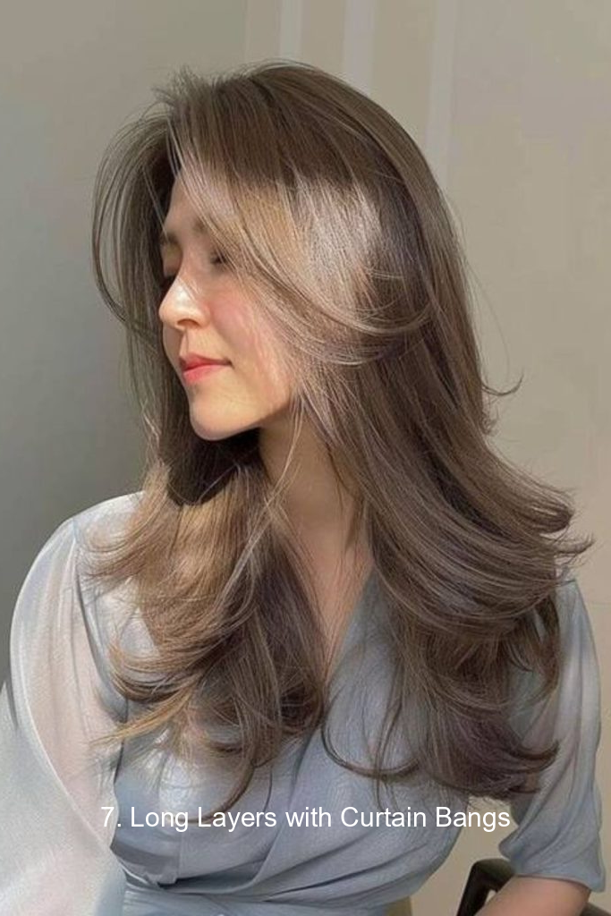 7. Long Layers with Curtain Bangs