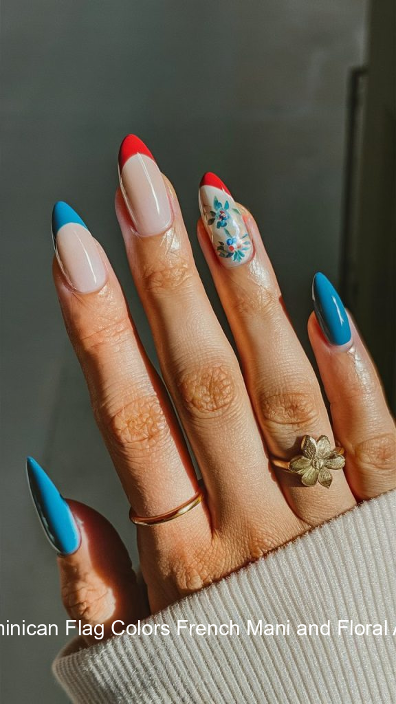 8. Dominican Flag Colors French Mani and Floral Accent