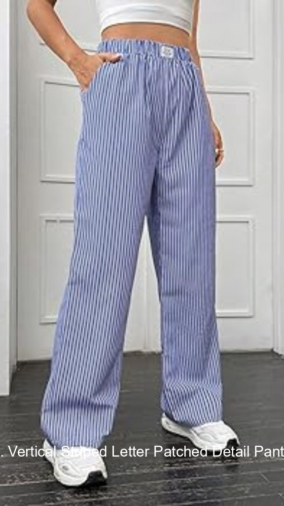 8. Vertical Striped Letter Patched Detail Pants