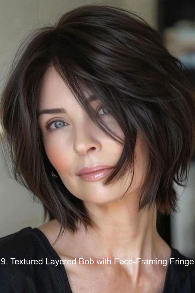 9. Textured Layered Bob with Face-Framing Fringe