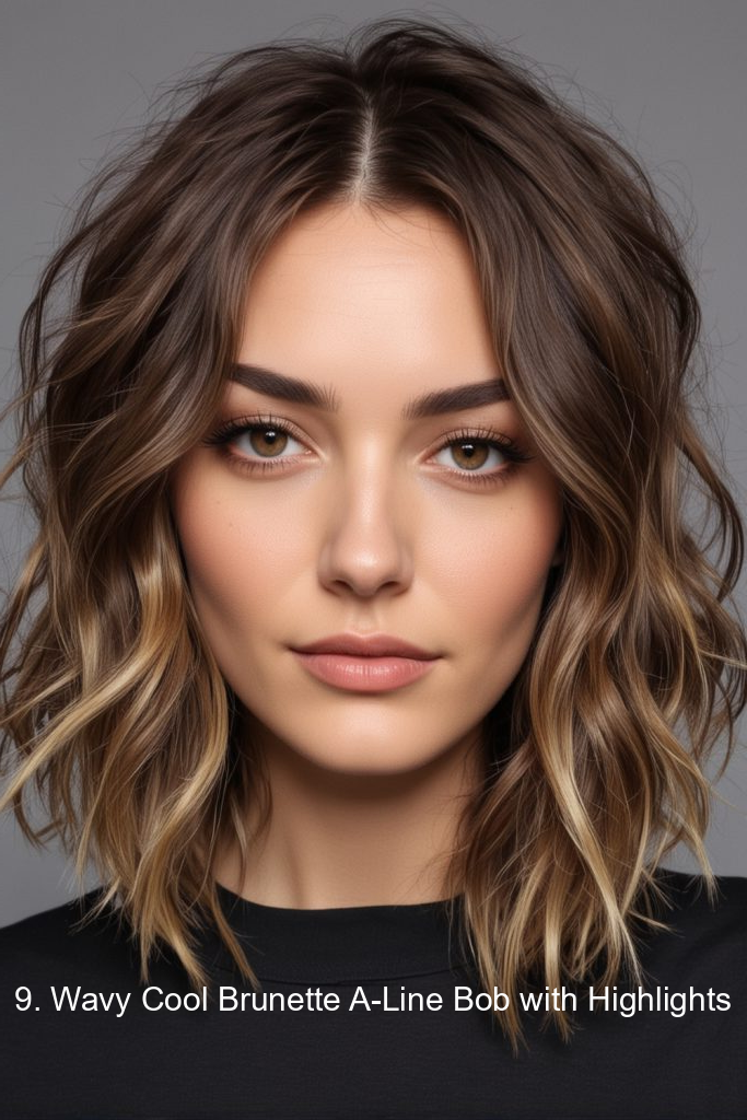 9. Wavy Cool Brunette A-Line Bob with Highlights